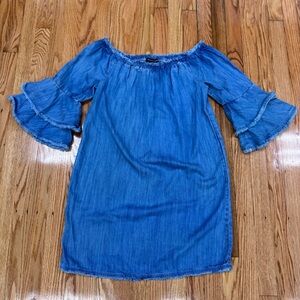 Boston Proper Off-Shoulder Denim Chambray Mini Dress with Fringe Edge Detail